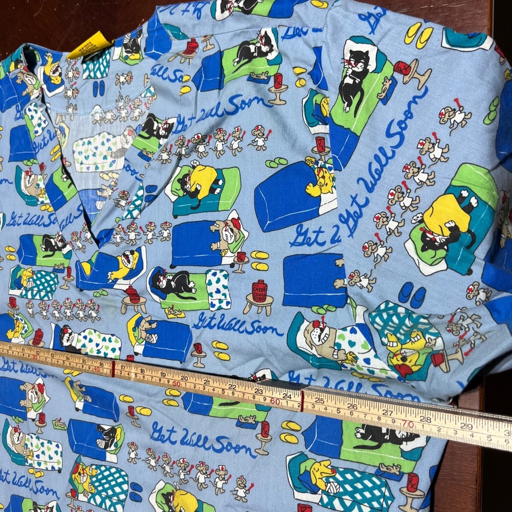 Scrubs Station Get Well Soon Cartoon Cats Dogs Mice Scrub Top Blue 3XL Plus Size - Picture 5 of 12